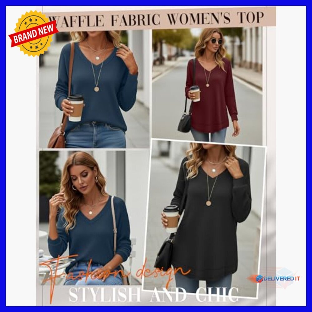 3 Pack Waffle Knit Tunic Tops Long Sleeve V Neck Loose Fit Sweatshirts - Picture 2 of 5